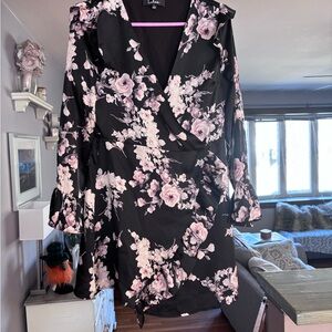 Lulu's Black and Pink Floral Long Sleeve Dress